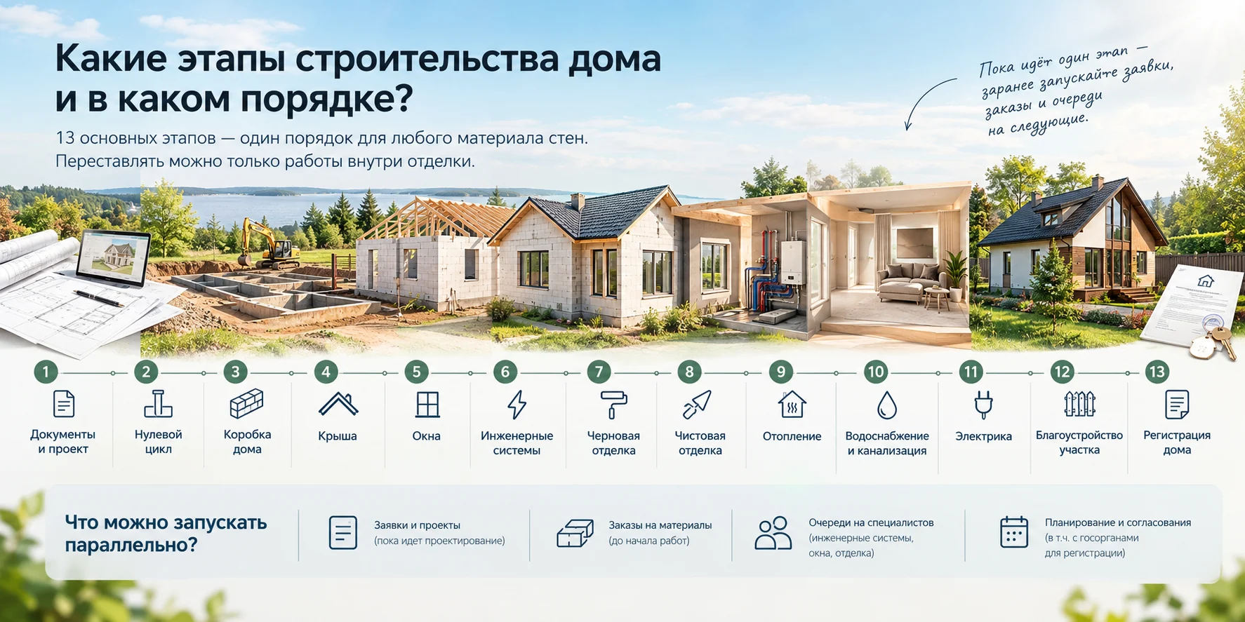 Этапы строительства дома по порядку, 13 шагов: документы и проект, нулевой цикл, коробка, крыша, окна, инженерные системы, черновая и чистовая отделка, отопление, водоснабжение и канализация, электрика, благоустройство участка, регистрация дома