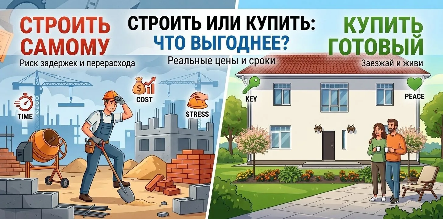 Строить самому или купить готовый дом: слева стройка с риском задержек и перерасхода, справа готовый дом